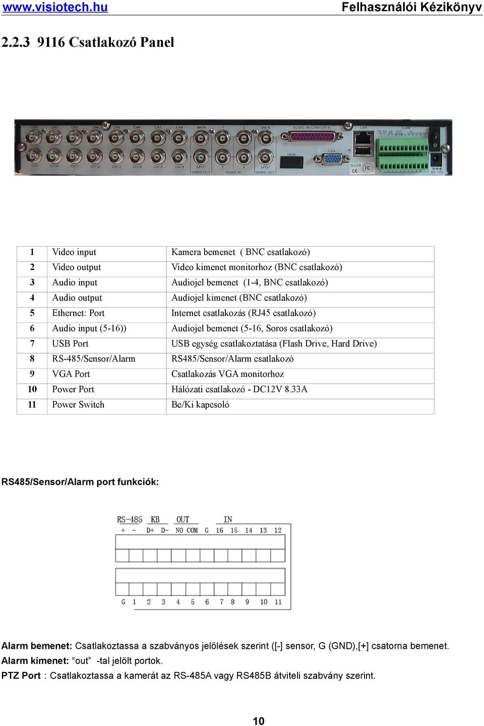 Drive, Hard Drive) 8 RS-485/Sensor/Alarm RS485/Sensor/Alarm csatlakozó 9 VGA Port Csatlakozás VGA monitorhoz 10 Power Port Hálózati csatlakozó - DC12V 8.