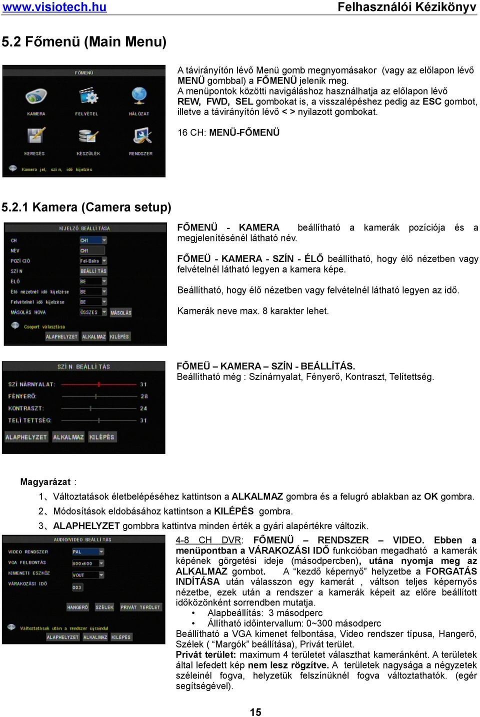 16 CH: MENÜ-FŐMENÜ 5.2.1 Kamera (Camera setup) FŐMENÜ - KAMERA beállítható a kamerák pozíciója és a megjelenítésénél látható név.