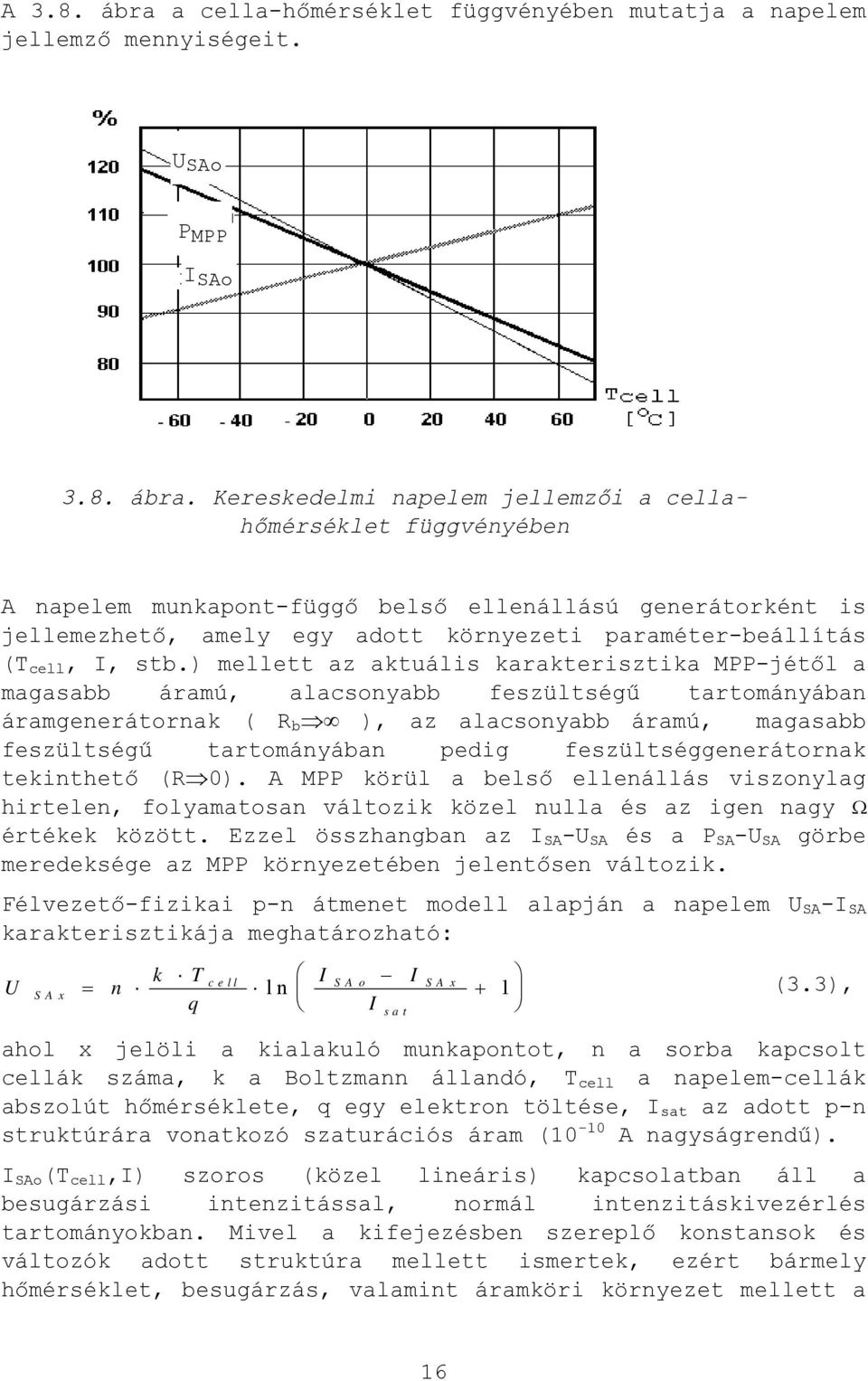 Kereskedelmi napelem jellemzői a cellahőmérséklet függvényében A napelem munkapont-függő belső ellenállású generátorként is jellemezhető, amely egy adott környezeti paraméter-beállítás (T cell, I,