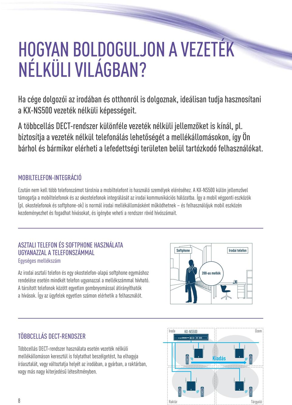 biztosítja a vezeték nélkül telefonálás lehetőségét a mellékállomásokon, így Ön bárhol és bármikor elérheti a lefedettségi területen belül tartózkodó felhasználókat.