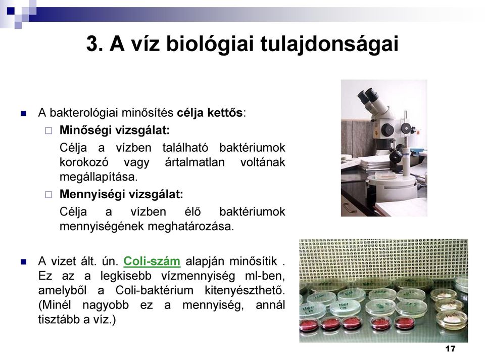 Mennyiségi vizsgálat: Célja a vízben élő baktériumok mennyiségének meghatározása. A vizet ált. ún.