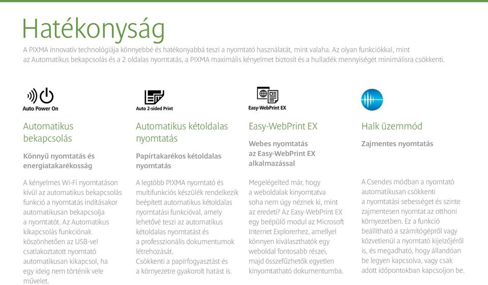 Automatikus bekapcsolás Könnyű nyomtatás és energiatakarékosság Automatikus kétoldalas nyomtatás Papírtakarékos kétoldalas nyomtatás Easy-WebPrint EX Webes nyomtatás az Easy-WebPrint EX alkalmazással