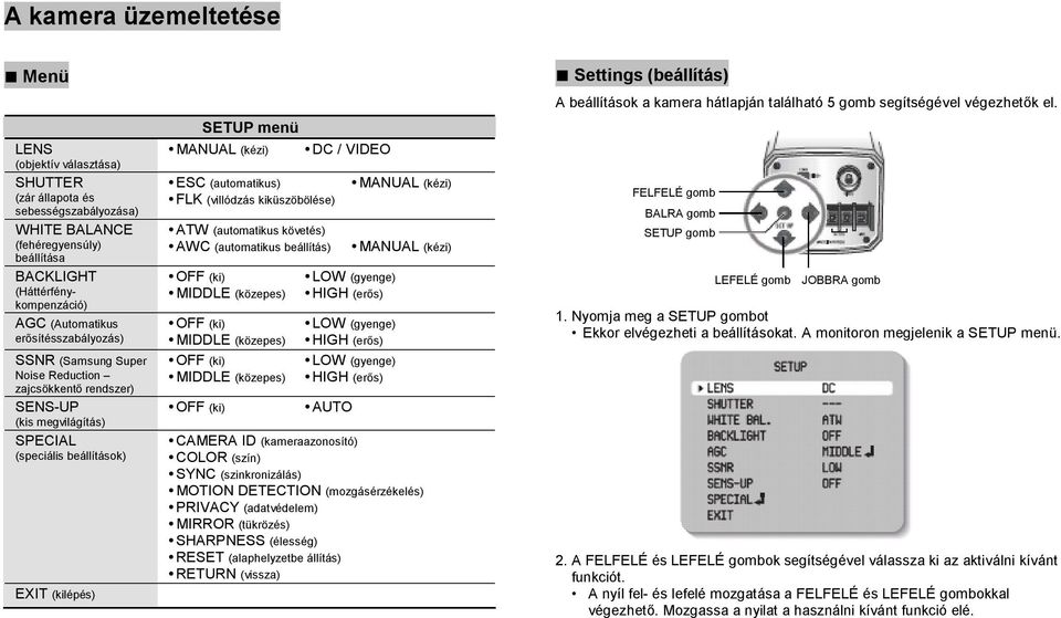 (automatikus) FLK (villódzás kiküszöbölése) ATW (automatikus követés) AWC (automatikus beállítás) OFF (ki) LOW (gyenge) MIDDLE (közepes) HIGH (erős) OFF (ki) LOW (gyenge) MIDDLE (közepes) HIGH (erős)