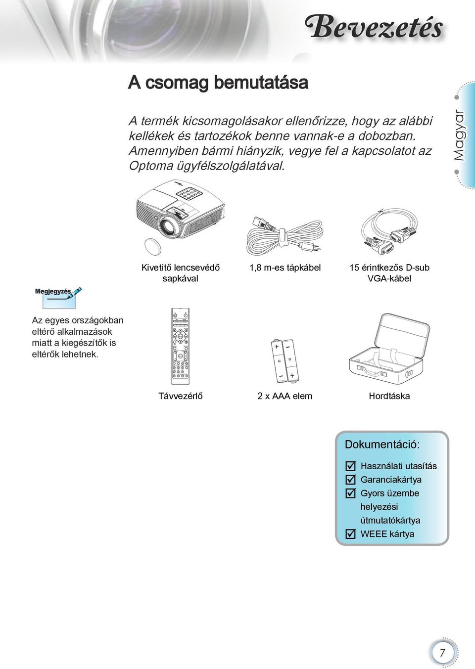 Megjegyzés Kivetítő lencsevédő sapkával 1,8 m-es tápkábel 15 érintkezős D-sub VGA-kábel Az egyes országokban eltérő alkalmazások