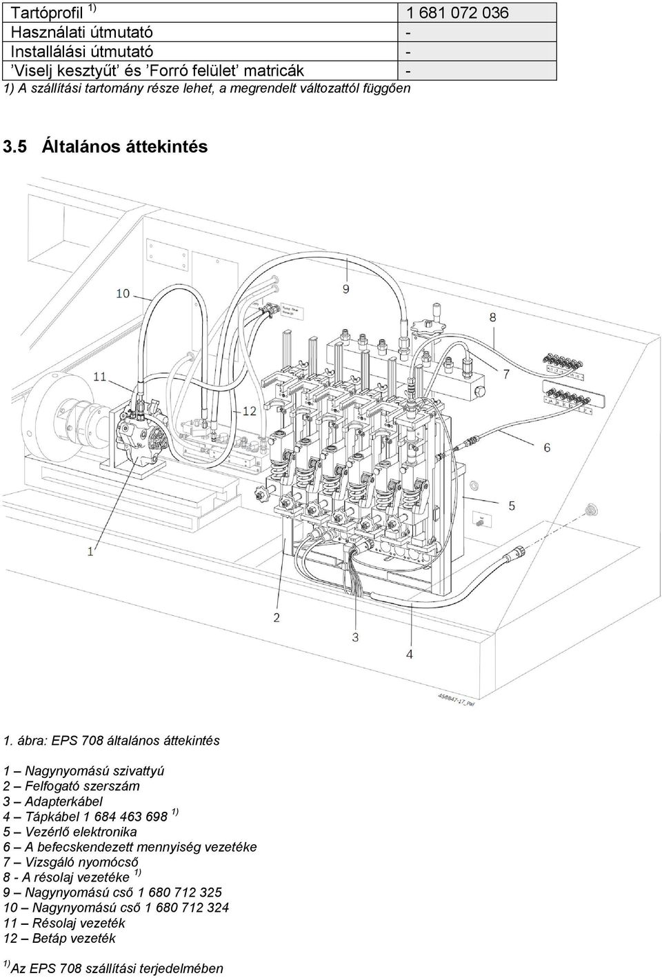 ábra: EPS 708 általános áttekintés 1 Nagynyomású szivattyú 2 Felfogató szerszám 3 Adapterkábel 4 Tápkábel 1 684 463 698 1) 5 Vezérlő elektronika 6