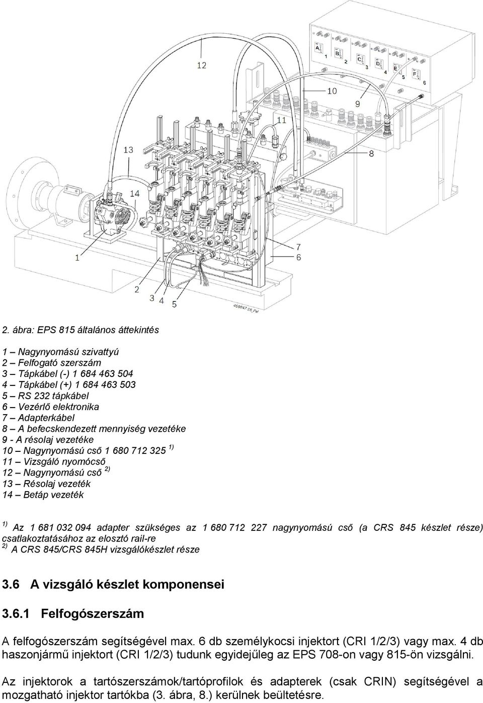 adapter szükséges az 1 680 712 227 nagynyomású cső (a CRS 845 készlet része) csatlakoztatásához az elosztó rail-re 2) A CRS 845/CRS 845H vizsgálókészlet része 3.6 A vizsgáló készlet komponensei 3.6.1 Felfogószerszám A felfogószerszám segítségével max.