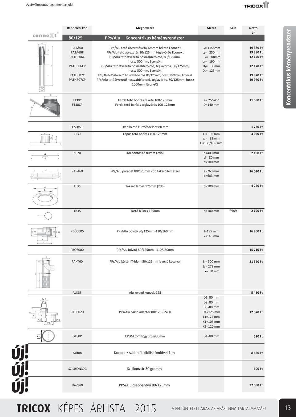 80/125mm, EconeXt L = x= 1158mm 608mm 12 170 Ft PATÁ60P PPs/Alu tet átvezetés hossz 500mm, 80/125mm EconeXt téglavörös EconeXt L = L = 250mm 190mm PATH606CP PATÁ60 PPs/Alu PPs/Alu tet átvezet tet