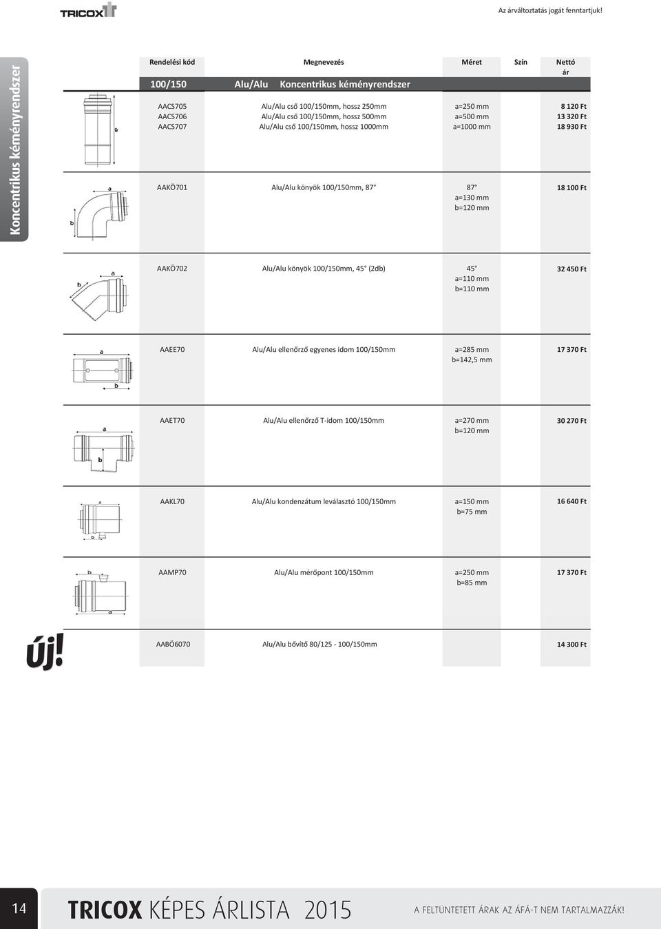 450 Ft AAEE70 Alu/Alu ellen rz egyenes idom 100/150mm a=285 mm b=142,5 mm 17 370 Ft AAET70 Alu/Alu ellen rz T-idom 100/150mm a=270 mm b=120 mm 30 270 Ft AAKL70 Alu/Alu kondenzátum leválasztó
