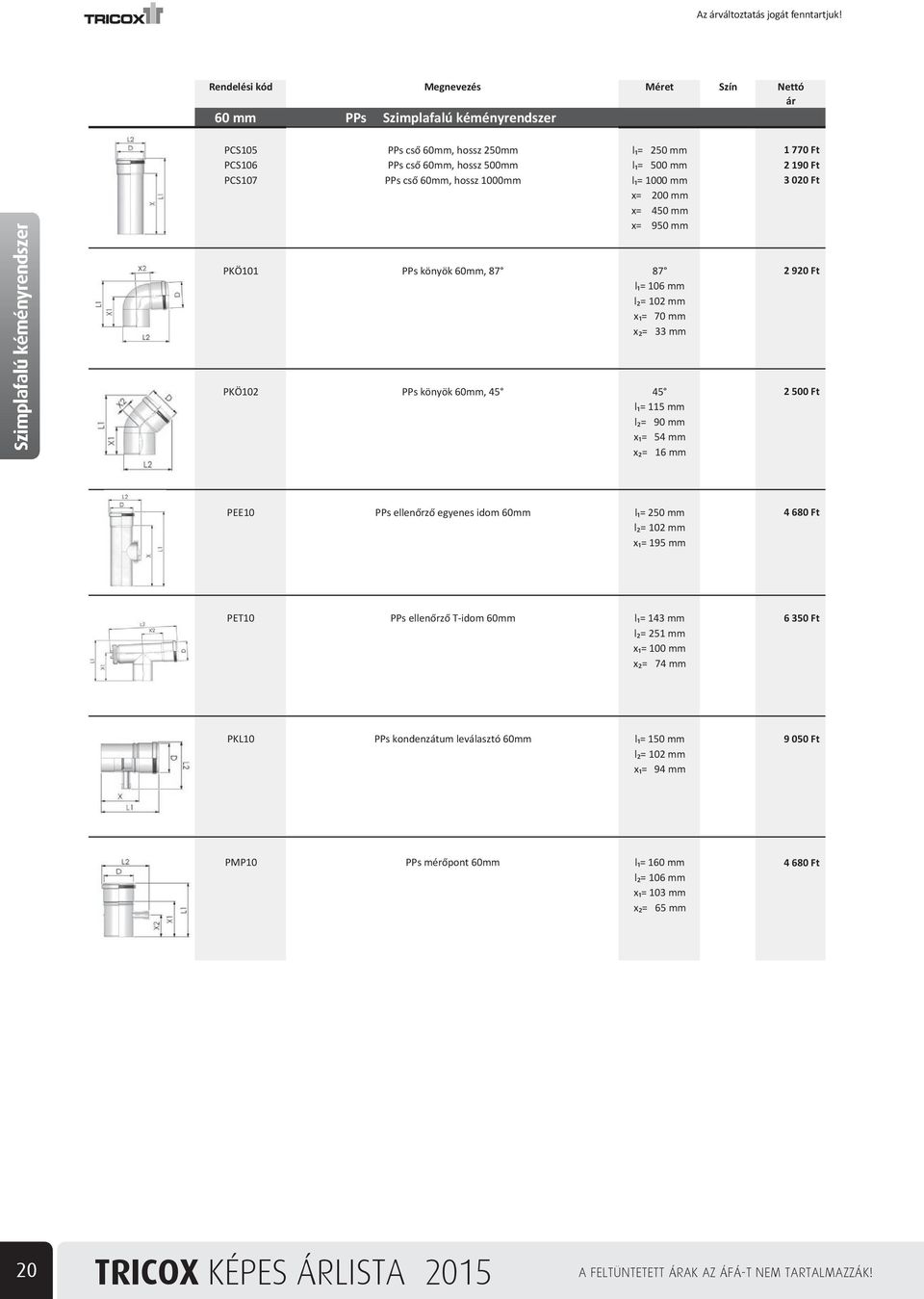 920 Ft 2 500 Ft PEE10 PPs ellen rz egyenes idom 60mm l = 250 mm l = 102 mm x = 195 mm 4 680 Ft PET10 PPs ellen rz T-idom 60mm l = 143 mm l = 251 mm x = 100 mm x = 74 mm 6 350 Ft PKL10 PPs kondenzátum