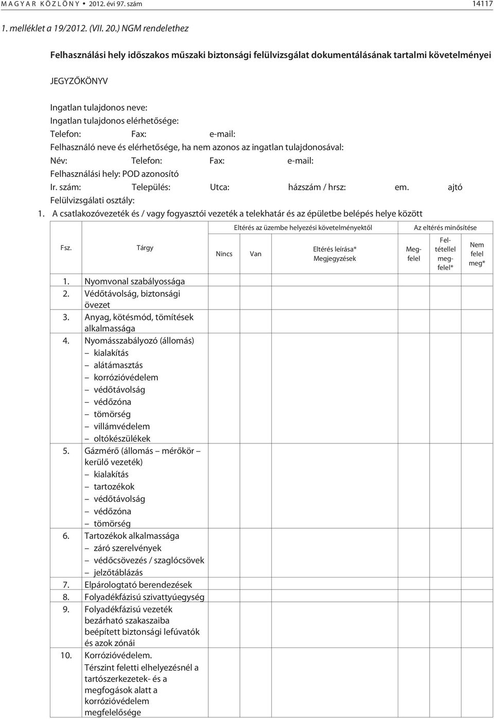 ) NGM rendelethez Felhasználási hely idõszakos mûszaki biztonsági felülvizsgálat dokumentálásának tartalmi követelményei JEGYZÕKÖNYV Ingatlan tulajdonos neve: Ingatlan tulajdonos elérhetõsége: