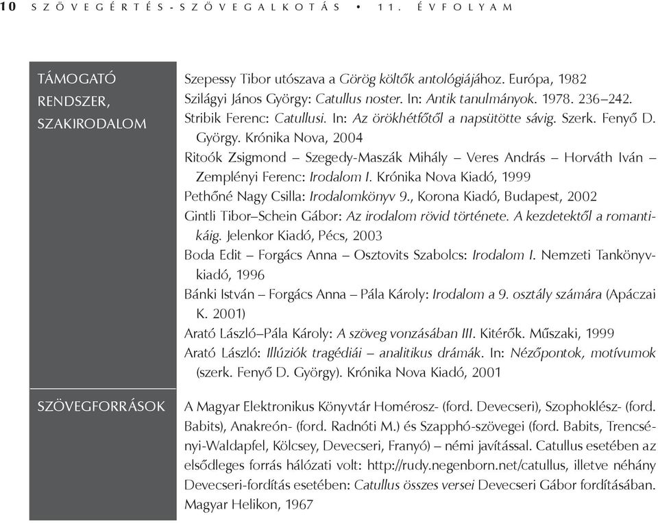 Krónika Nova Kiadó, 1999 Pethőné Nagy Csilla: Irodalomkönyv 9., Korona Kiadó, Budapest, 2002 Gintli Tibor Schein Gábor: Az irodalom rövid története. A kezdetektől a romantikáig.