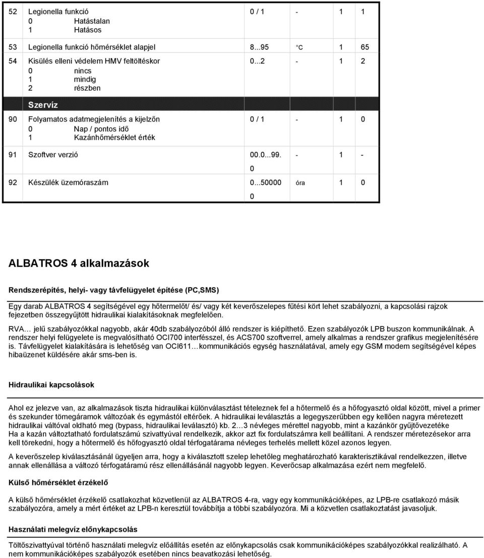 ..50000 0-1 - óra 1 0 ALBATROS 4 alkalmazások Rendszerépítés, helyi- vagy távfelügyelet építése (PC,SS) Egy darab ALBATROS 4 segítségével egy hőtermelőt/ és/ vagy két keverőszelepes fűtési kört lehet