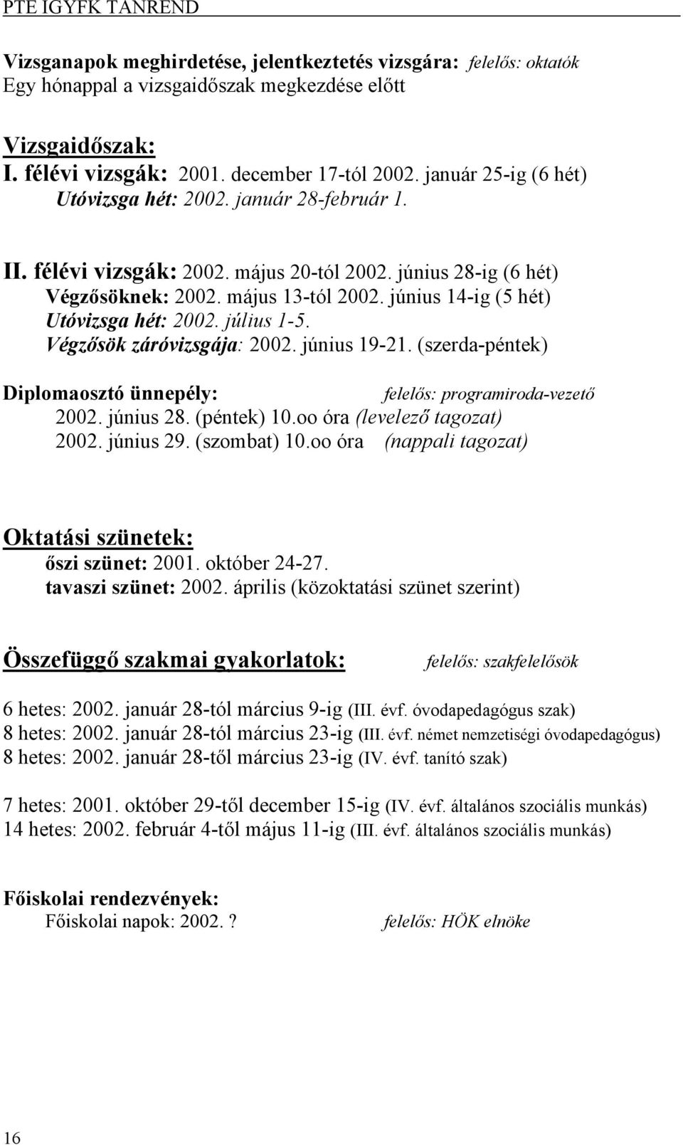 június 14ig (5 hét) Utóvizsga hét: 2002. július 15. Végzősök záróvizsgája: 2002. június 1921. (szerdapéntek) Diplomaosztó ünnepély: felelős: programirodavezető 2002. június 28. (péntek) 10.