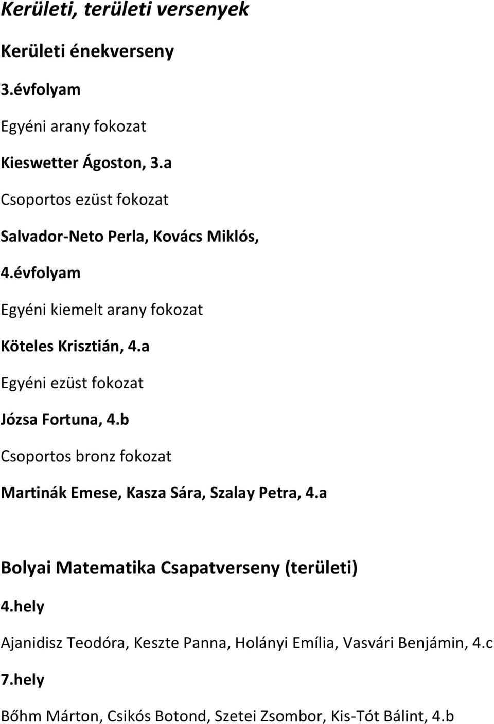 a Egyéni ezüst fokozat Józsa Fortuna, 4.b Csoportos bronz fokozat Martinák Emese, Kasza Sára, Szalay Petra, 4.