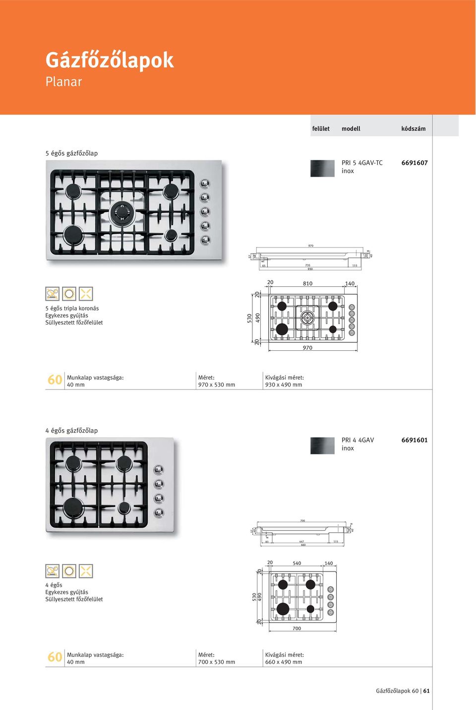 mm 970 x 530 mm 930 x 490 mm 4 égős gázfőzőlap PRI 4 4GAV 66911 4 égős