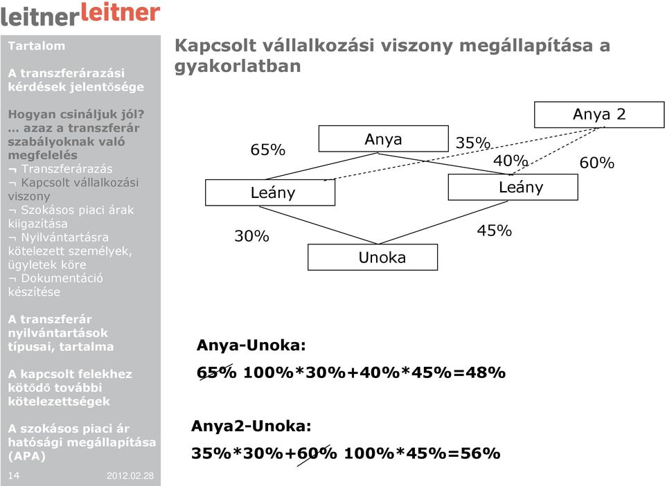 kötelezett személyek, ügyletek köre Dokumentáció készítése Anya 65% 35% 40% Leány Leány