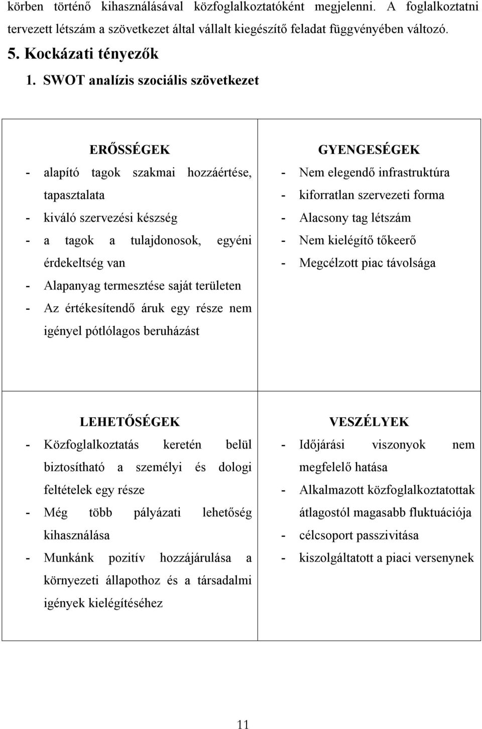 saját területen - Az értékesítendő áruk egy része nem igényel pótlólagos beruházást GYENGESÉGEK - Nem elegendő infrastruktúra - kiforratlan szervezeti forma - Alacsony tag létszám - Nem kielégítő