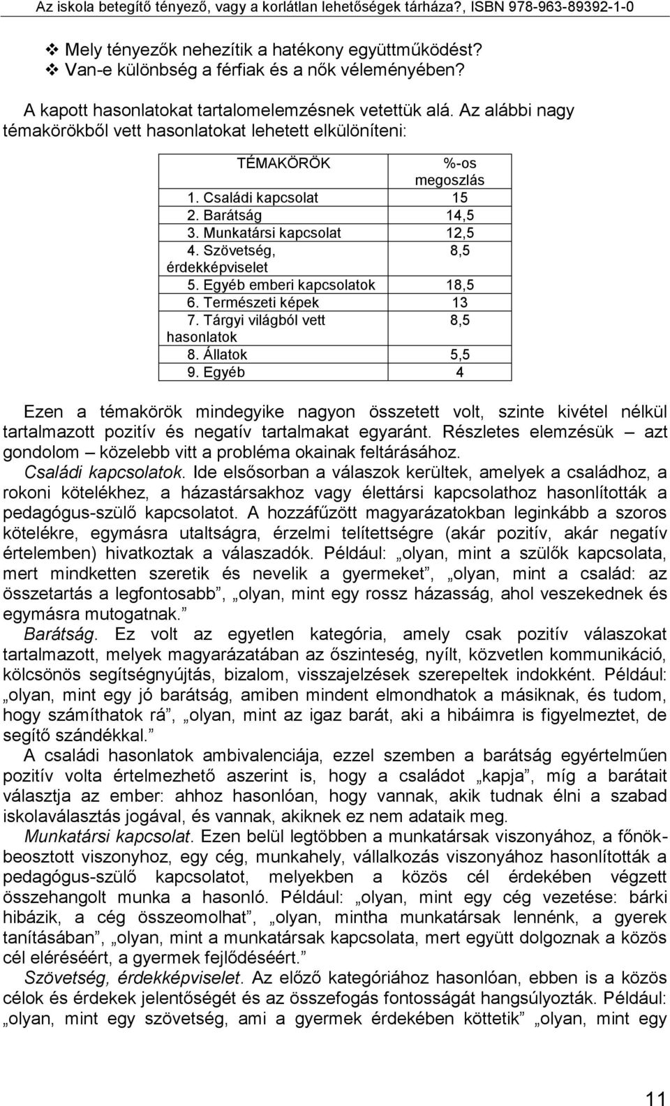 Egyéb emberi kapcsolatok 18,5 6. Természeti képek 13 7. Tárgyi világból vett 8,5 hasonlatok 8. Állatok 5,5 9.