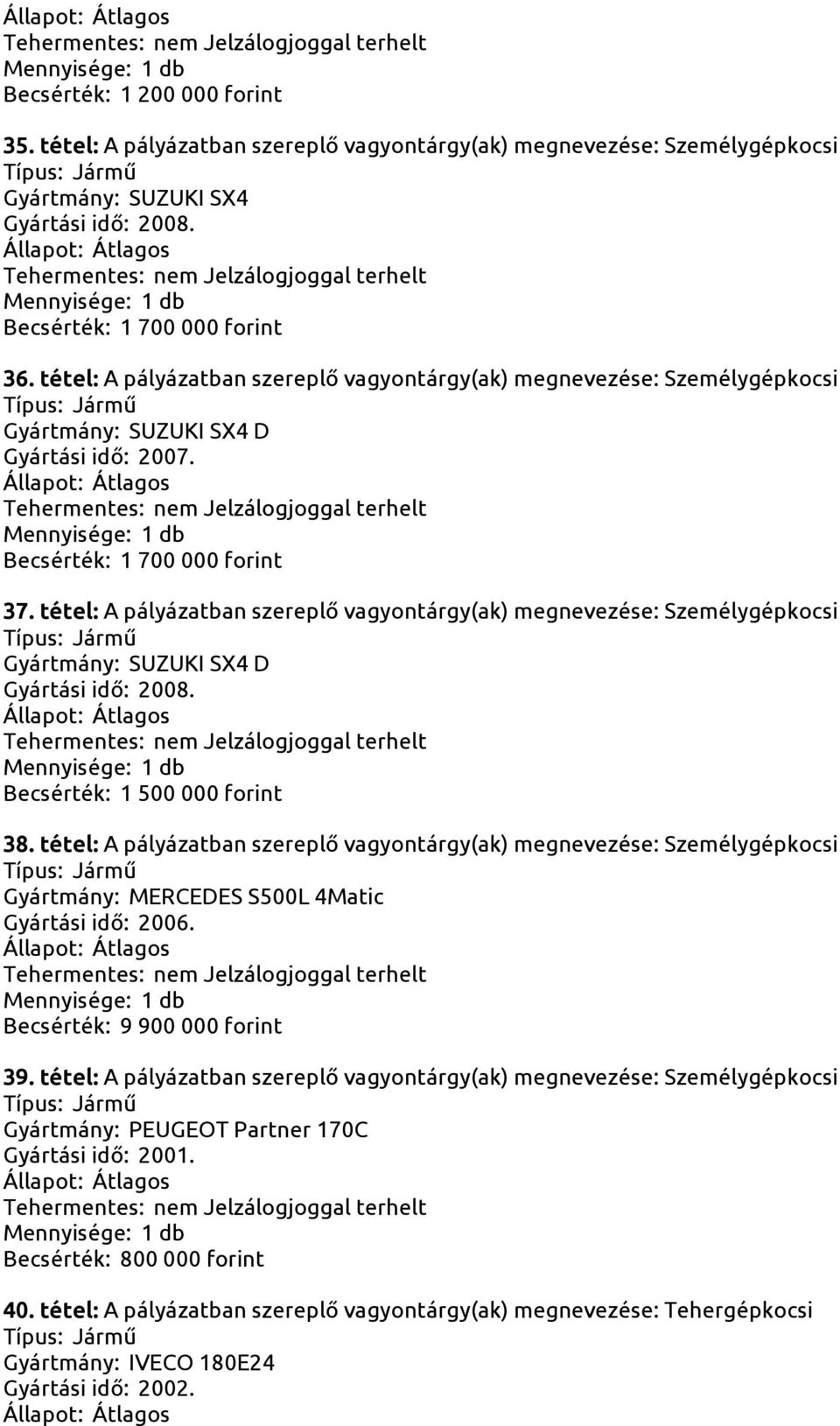 tétel: A pályázatban szereplő vagyontárgy(ak) megnevezése: Személygépkocsi Gyártmány: SUZUKI SX4 D Gyártási idő: 2008. Becsérték: 1 500 000 forint 38.