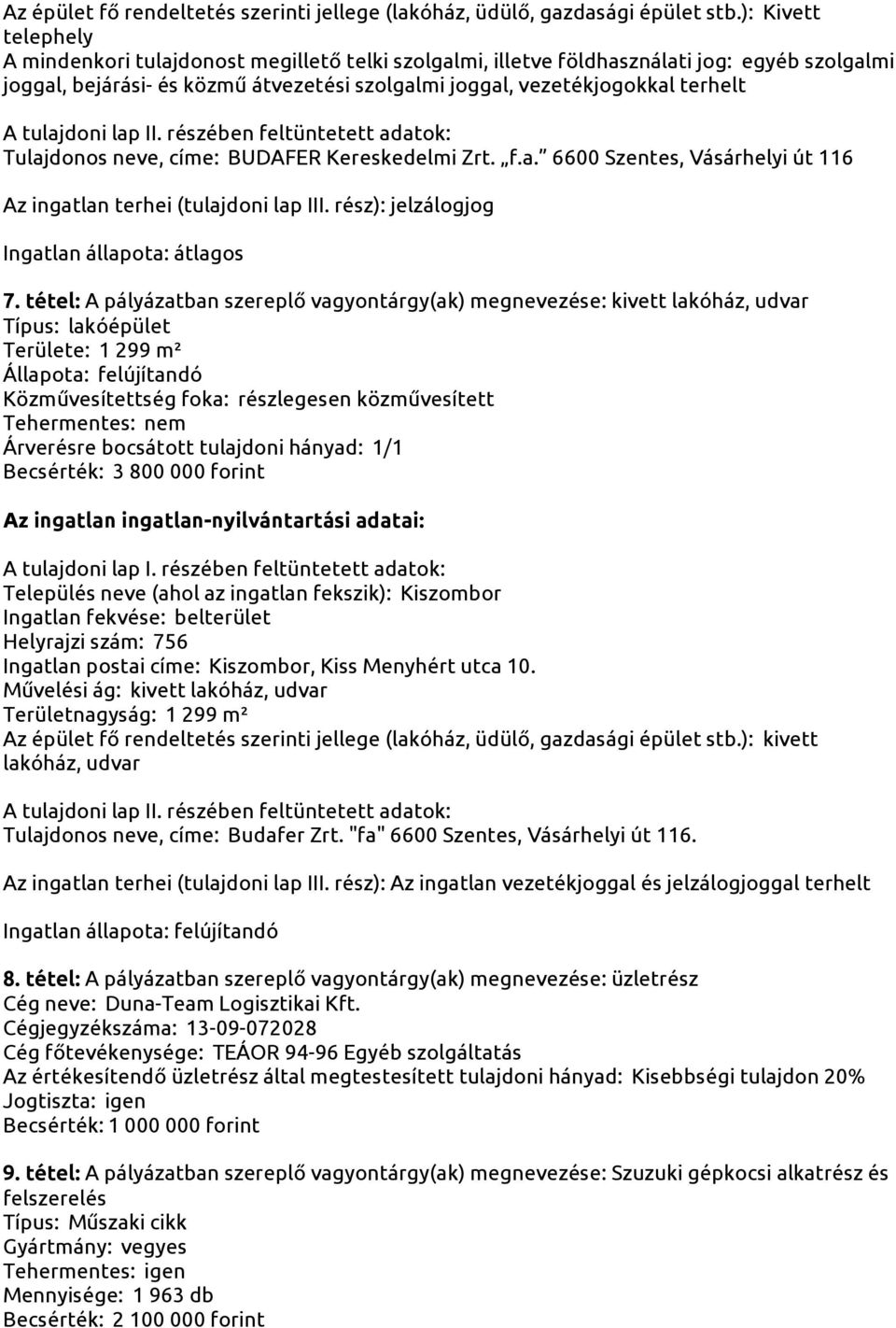 tulajdoni lap II. részében feltüntetett adatok: Tulajdonos neve, címe: BUDAFER Kereskedelmi Zrt. f.a. 6600 Szentes, Vásárhelyi út 116 Az ingatlan terhei (tulajdoni lap III.