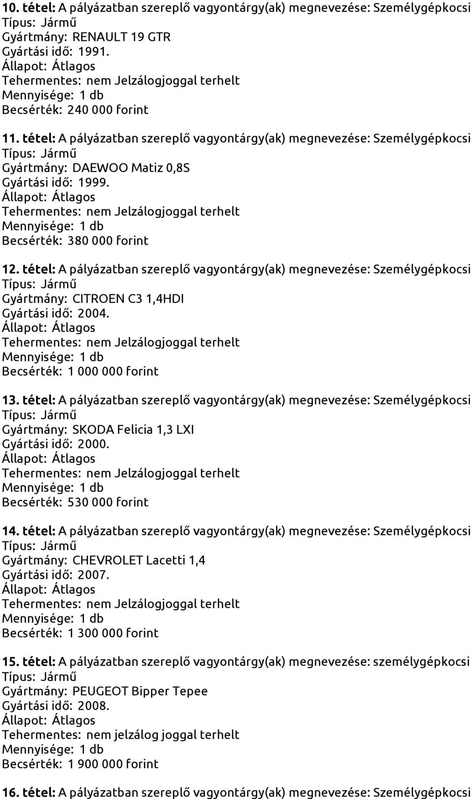 tétel: A pályázatban szereplő vagyontárgy(ak) megnevezése: Személygépkocsi Gyártmány: CITROEN C3 1,4HDI Gyártási idő: 2004. Becsérték: 1 000 000 forint 13.