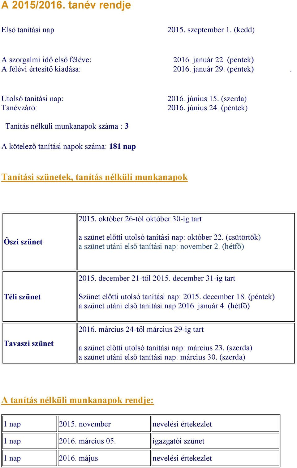október 26-tól október 30-ig tart Őszi szünet a szünet előtti utolsó tanítási nap: október 22. (csütörtök) a szünet utáni első tanítási nap: november 2. (hétfő) 2015. december 21-től 2015.