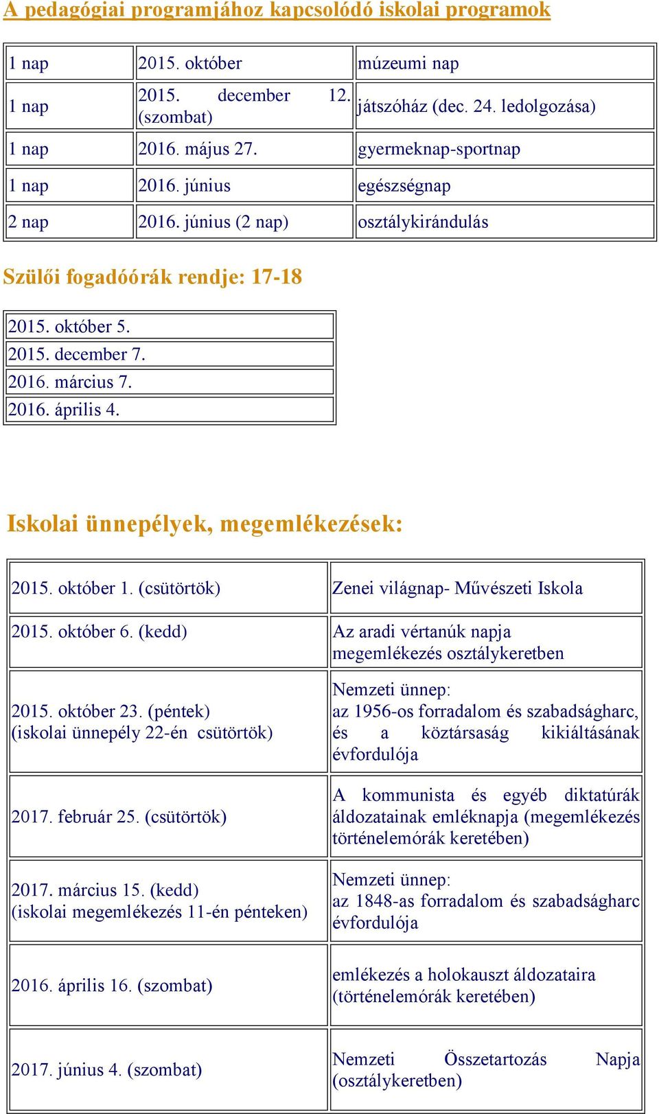 Iskolai ünnepélyek, megemlékezések: 2015. október 1. (csütörtök) Zenei világnap- Művészeti Iskola 2015. október 6. (kedd) Az aradi vértanúk napja megemlékezés osztálykeretben 2015. október 23.