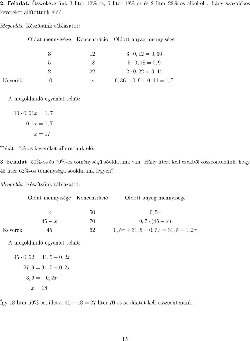 tehát: 0 0, 0x =, 7 0, x =, 7 x = 7 Tehát 7%-os keveréket állítottunk el. 3. Feladat. 50%-os és 70%-os töménység sóoldatunk van.