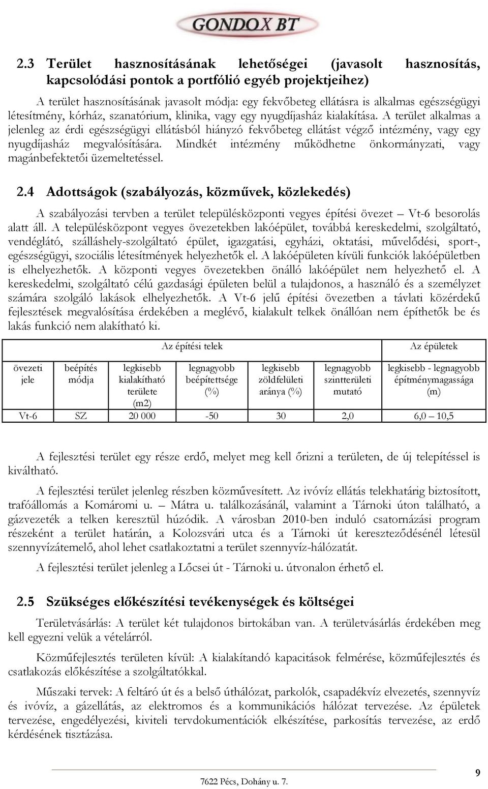 A terület alkalmas a jelenleg az érdi egészségügyi ellátásból hiányzó fekvőbeteg ellátást végző intézmény, vagy egy nyugdíjasház megvalósítására.