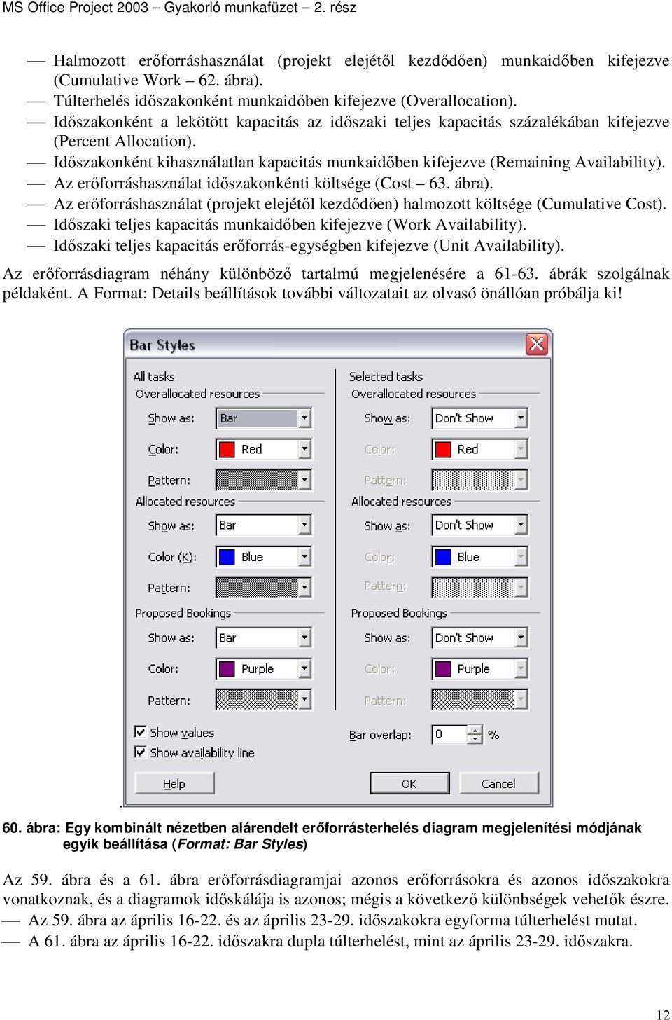 Az erıforráshasználat idıszakonkénti költsége (Cost 63. ábra). Az erıforráshasználat (projekt elejétıl kezdıdıen) halmozott költsége (Cumulative Cost).