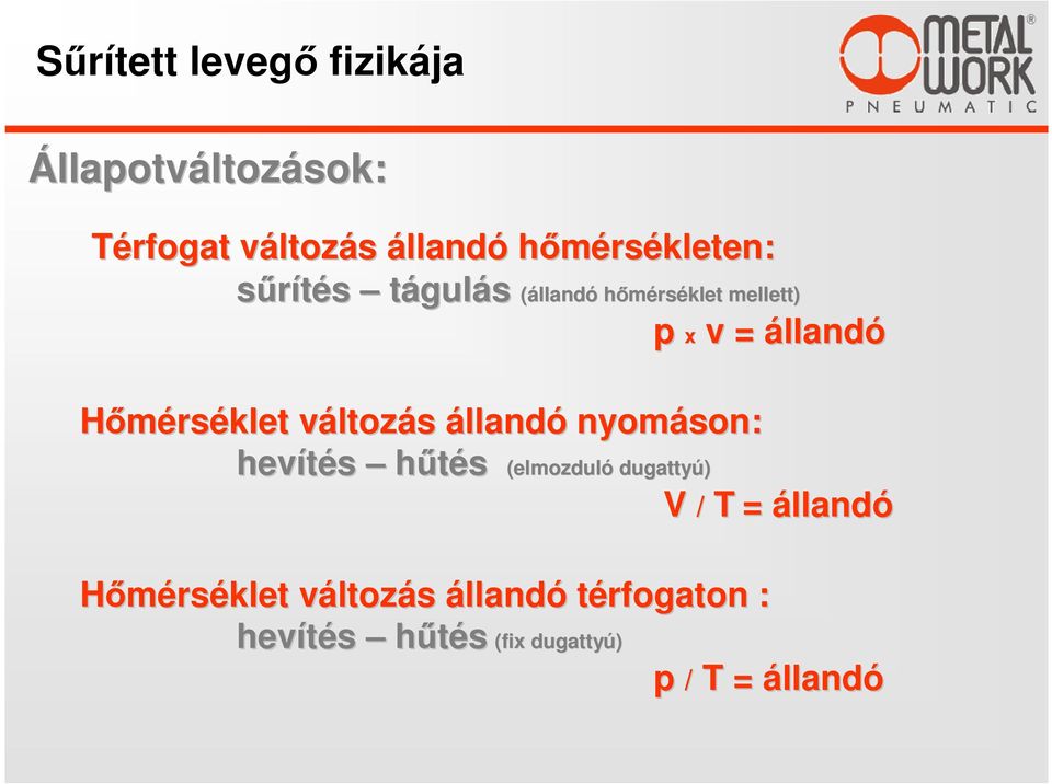 Hőmérséklet változv ltozás állandó nyomáson: hevítés hűtés (elmozduló dugattyú) V / T