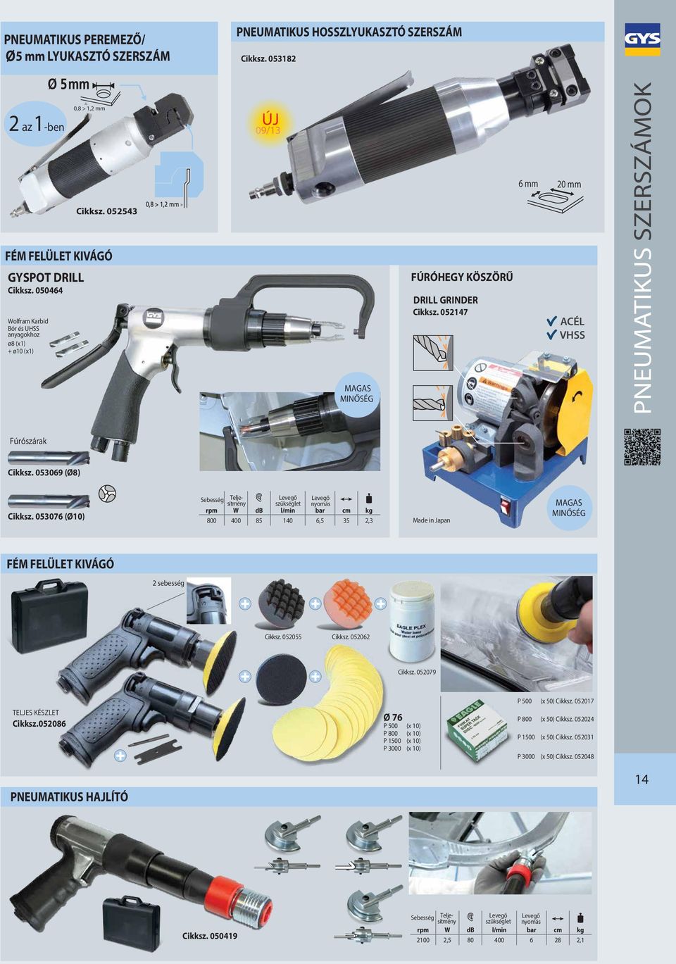 053076 (Ø10) Sebesség sítmény Telje- rpm W db l/min bar cm kg 800 400 85 140 6,5 35 2,3 Made in Japan MAGAS MINŐSÉG FÉM FELÜLET KIVÁGÓ 2 sebesség Cikksz. 052055 Cikksz. 052062 Cikksz.