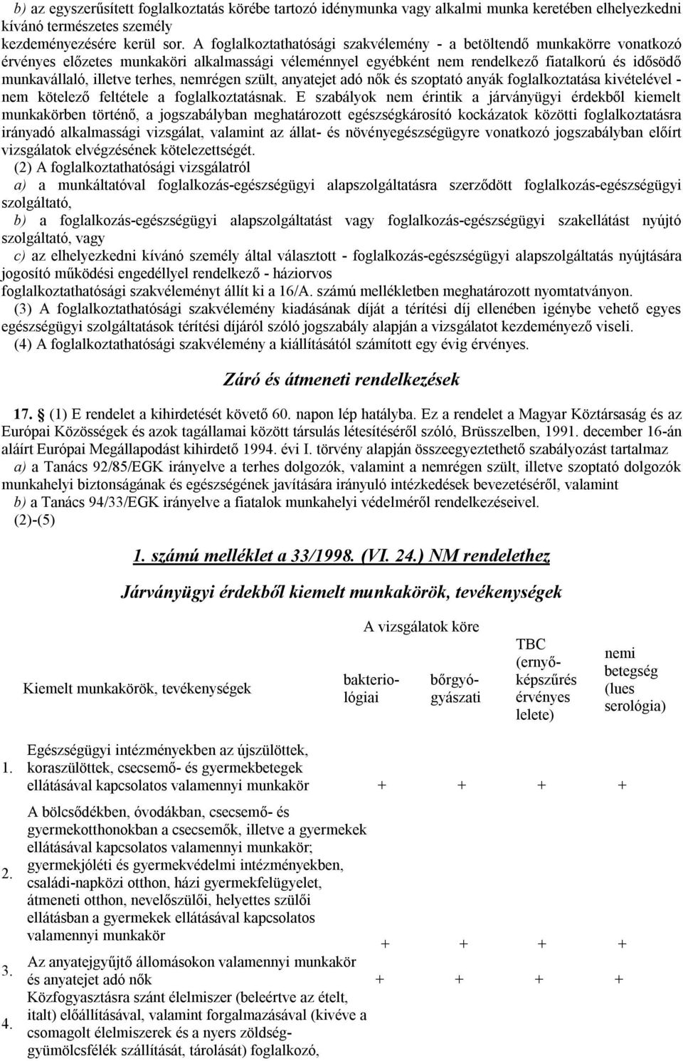 terhes, nemrégen szült, anyatejet adó nők és szoptató anyák foglalkoztatása kivételével - nem kötelező feltétele a foglalkoztatásnak.