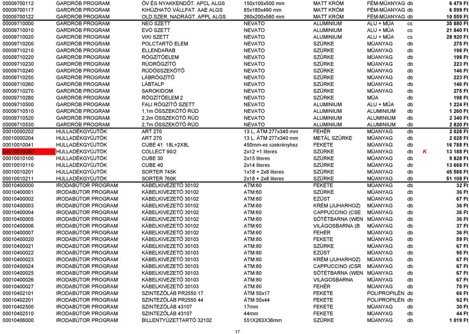 APPL ALGS 260x200x560 mm MATT KRÓM FÉM-MÜANYAG db 00009710000 GARDRÓB PROGRAM NEO SZETT NEVATO ALUMINIUM ALU + MÜA cs 00009710010 GARDRÓB PROGRAM EVO SZETT NEVATO ALUMINIUM ALU + MÜA cs 00009710020