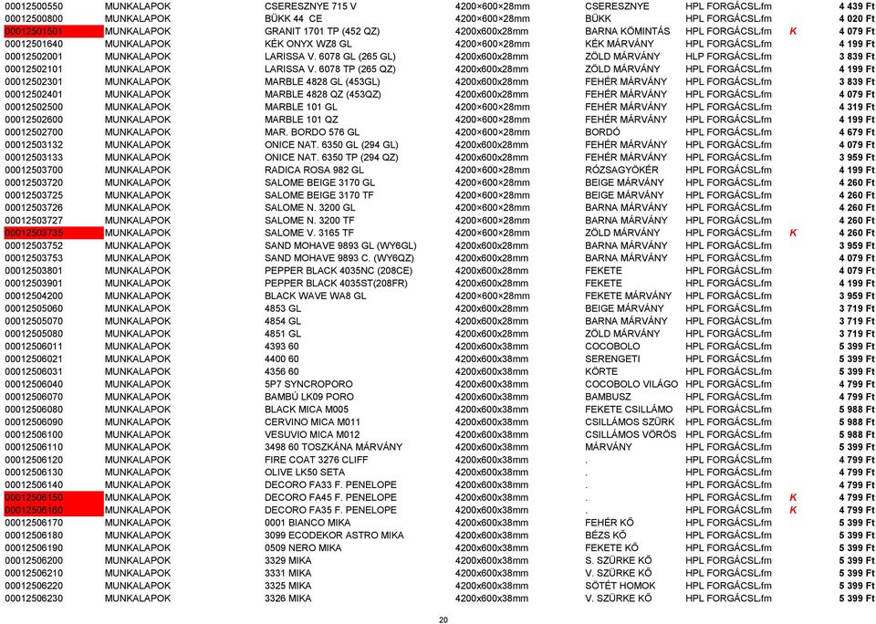 6078 GL (265 GL) 4200x600x28mm ZÖLD MÁRVÁNY HLP FORGÁCSLAP fm 00012502101 MUNKALAPOK LARISSA V.