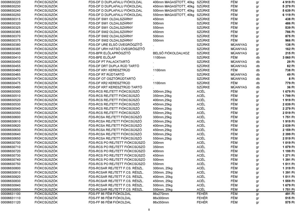 FIÓKCSÚSZÓK FDS-DF SW1 OLDALSZÁRNY 450mm SZÜRKE FÉM gr 438 Ft 00006630320 FIÓKCSÚSZÓK FDS-DF SW1 OLDALSZÁRNY 500mm SZÜRKE FÉM gr 486 Ft 00006630325 FIÓKCSÚSZÓK FDS-DF SW1 OLDALSZÁRNY 550mm SZÜRKE FÉM