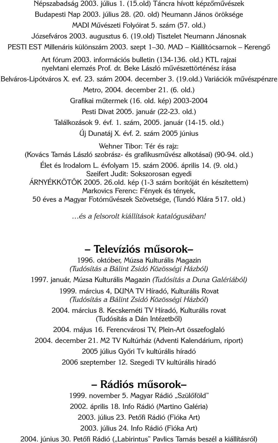 ) KTL rajzai nyelvtani elemzés Prof. dr. Beke László mûvészettörténész írása Belváros-Lipótváros X. evf. 23. szám 2004. december 3. (19.old.) Variációk mûvészpénzre Metro, 2004. december 21. (6. old.