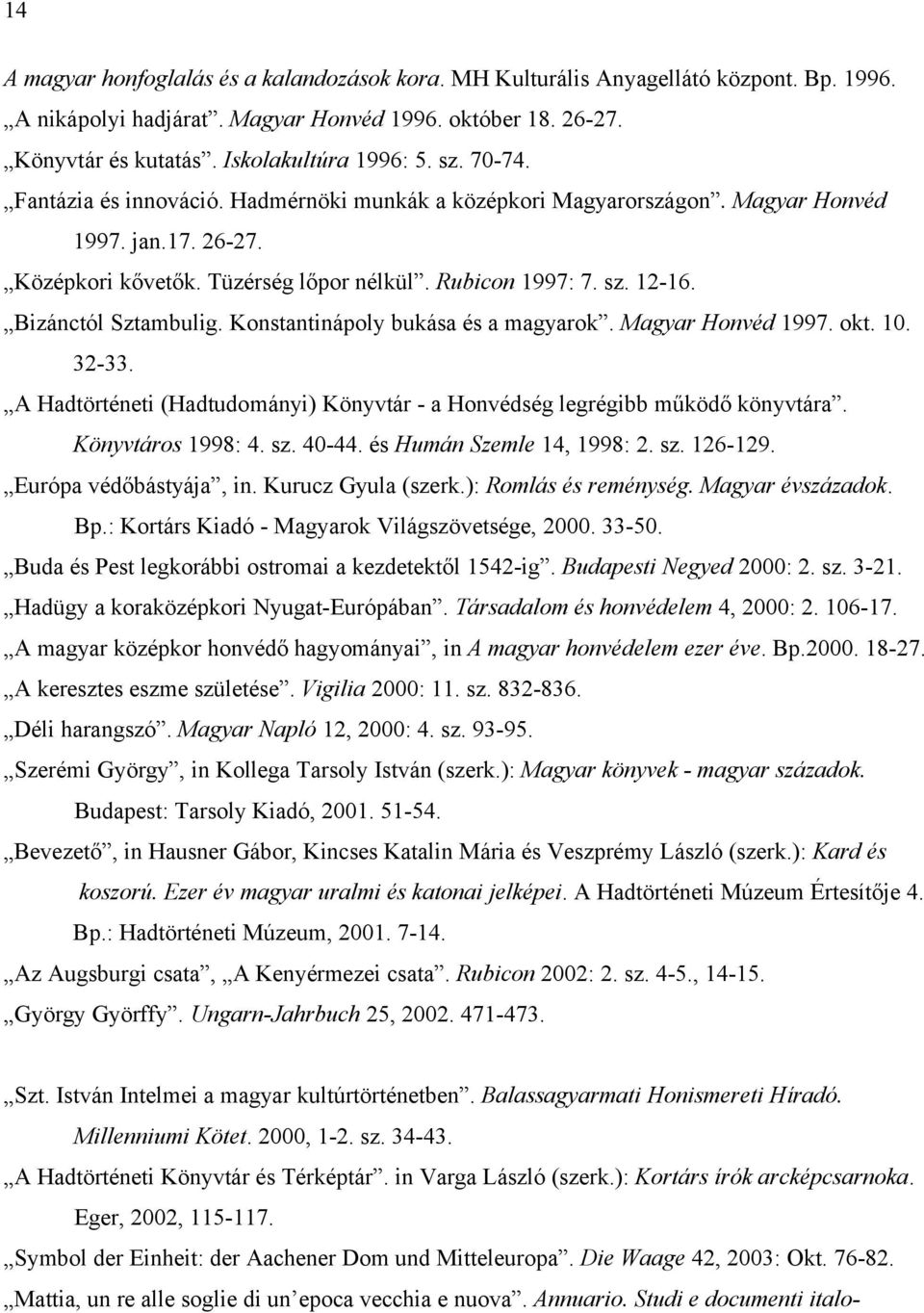 Bizánctól Sztambulig. Konstantinápoly bukása és a magyarok. Magyar Honvéd 1997. okt. 10. 32-33. A Hadtörténeti (Hadtudományi) Könyvtár - a Honvédség legrégibb működő könyvtára. Könyvtáros 1998: 4. sz.