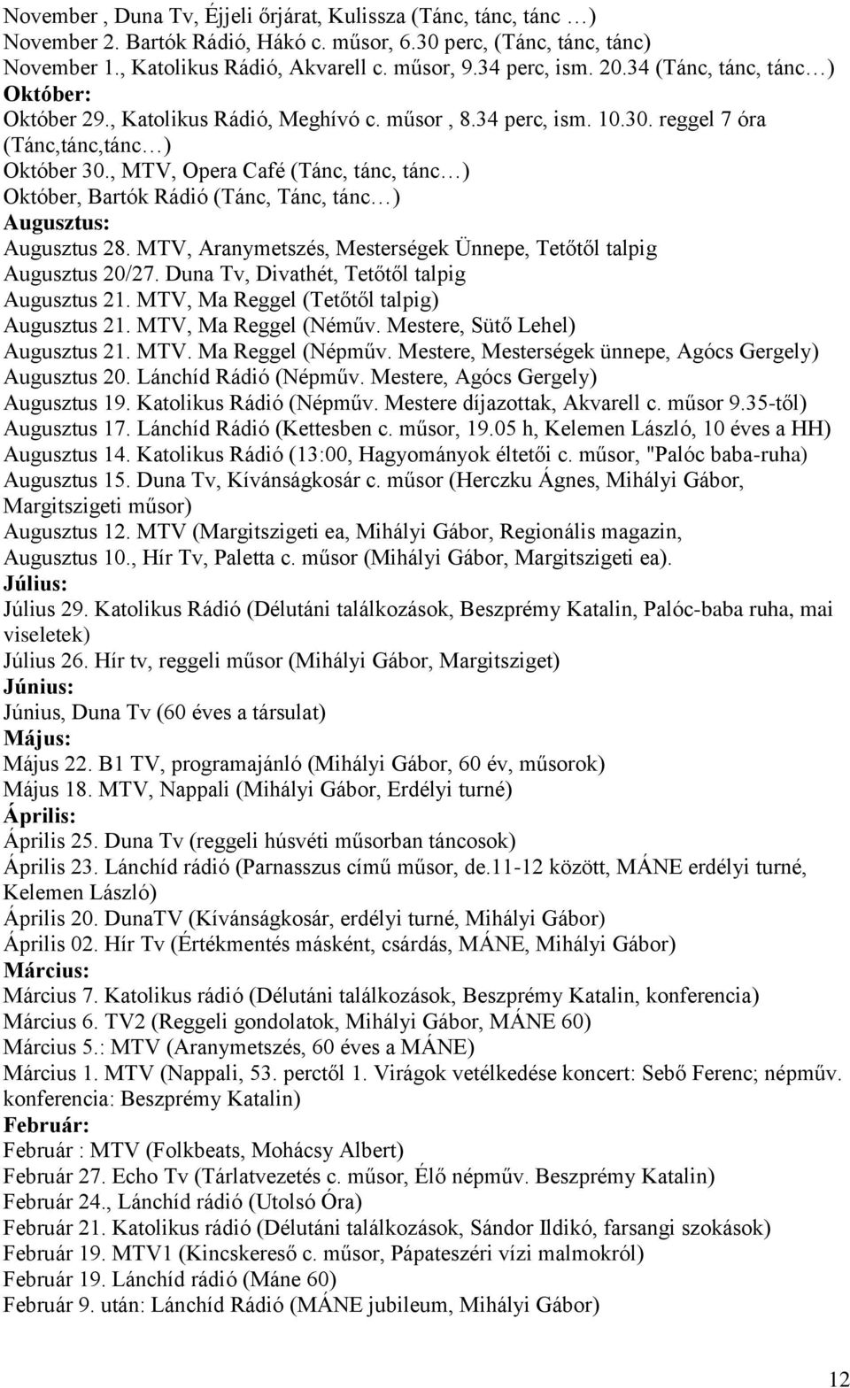 , MTV, Opera Café (Tánc, tánc, tánc ) Október, Bartók Rádió (Tánc, Tánc, tánc ) Augusztus: Augusztus 28. MTV, Aranymetszés, Mesterségek Ünnepe, Tetőtől talpig Augusztus 20/27.