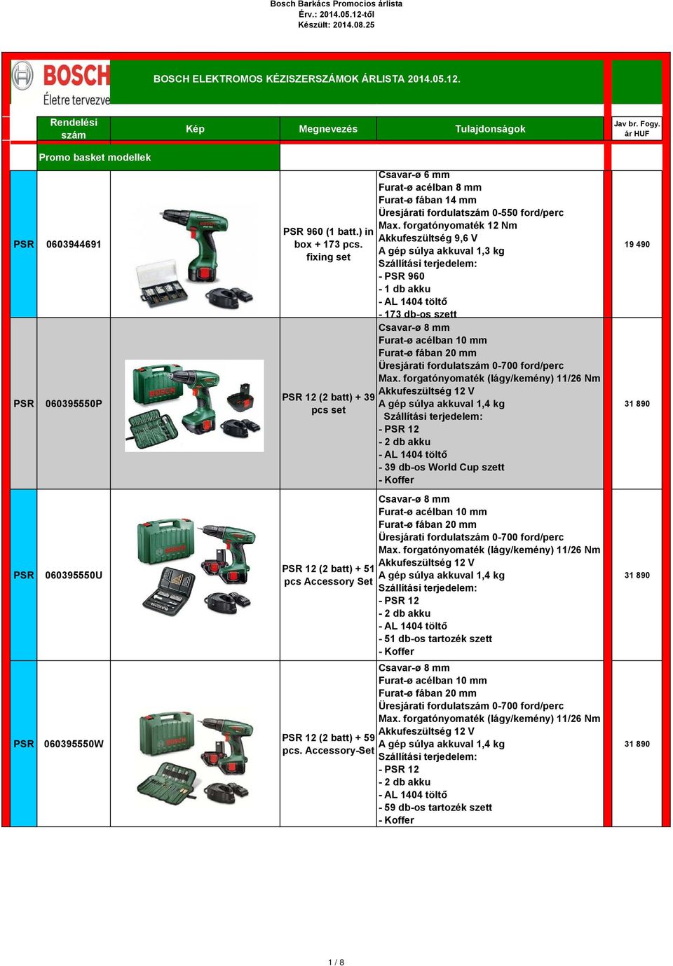 forgatónyomaték 12 Nm Akkufeszültség 9,6 V A gép súlya akkuval 1,3 kg - 960-1 db akku - 173 db-os szett Furat-ø fában 20 mm Üresjárati fordulat 0-700 ford/perc Max.