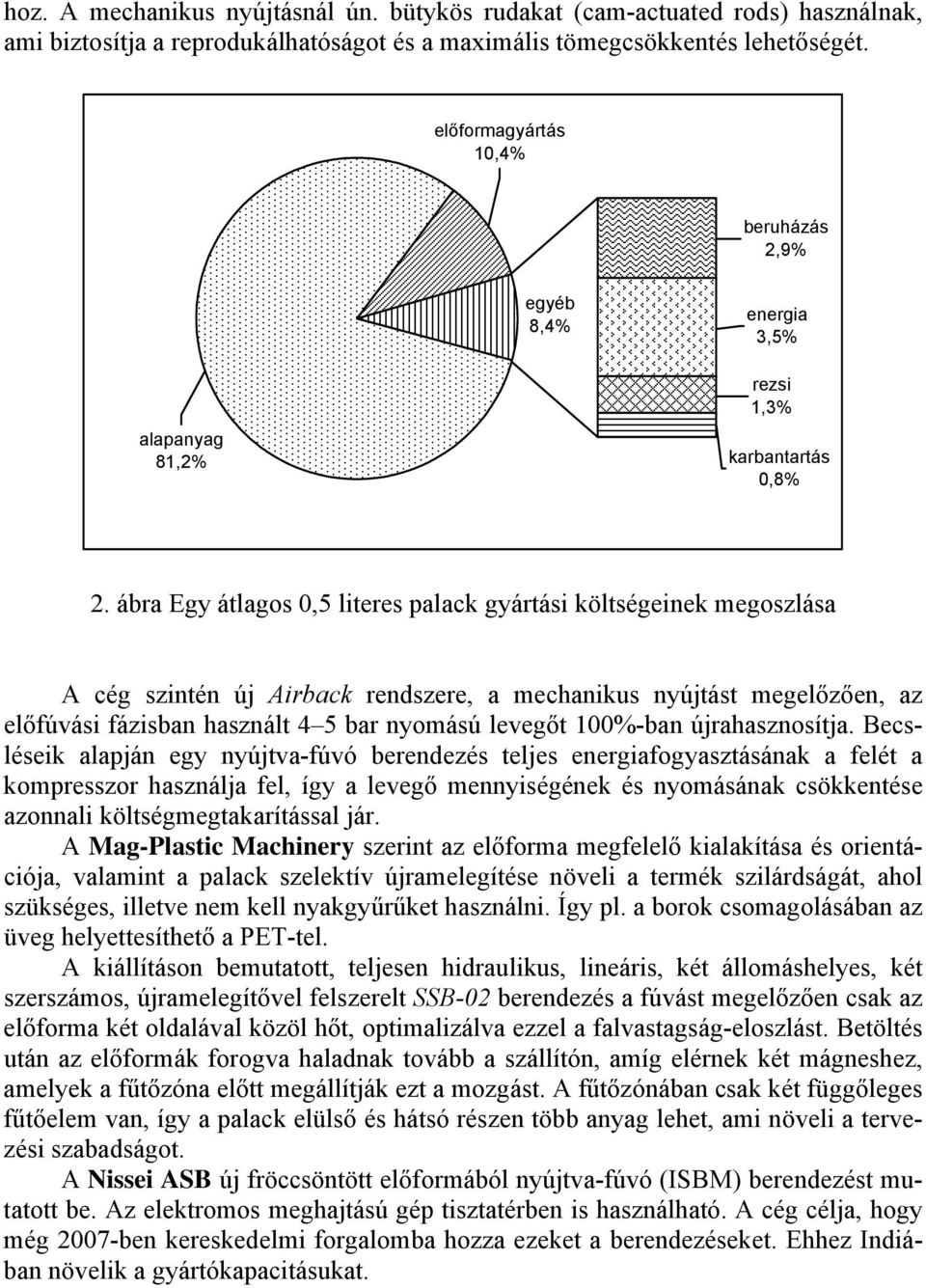 ábra Egy átlagos 0,5 literes palack gyártási költségeinek megoszlása A cég szintén új Airback rendszere, a mechanikus nyújtást megelőzően, az előfúvási fázisban használt 4 5 bar nyomású levegőt