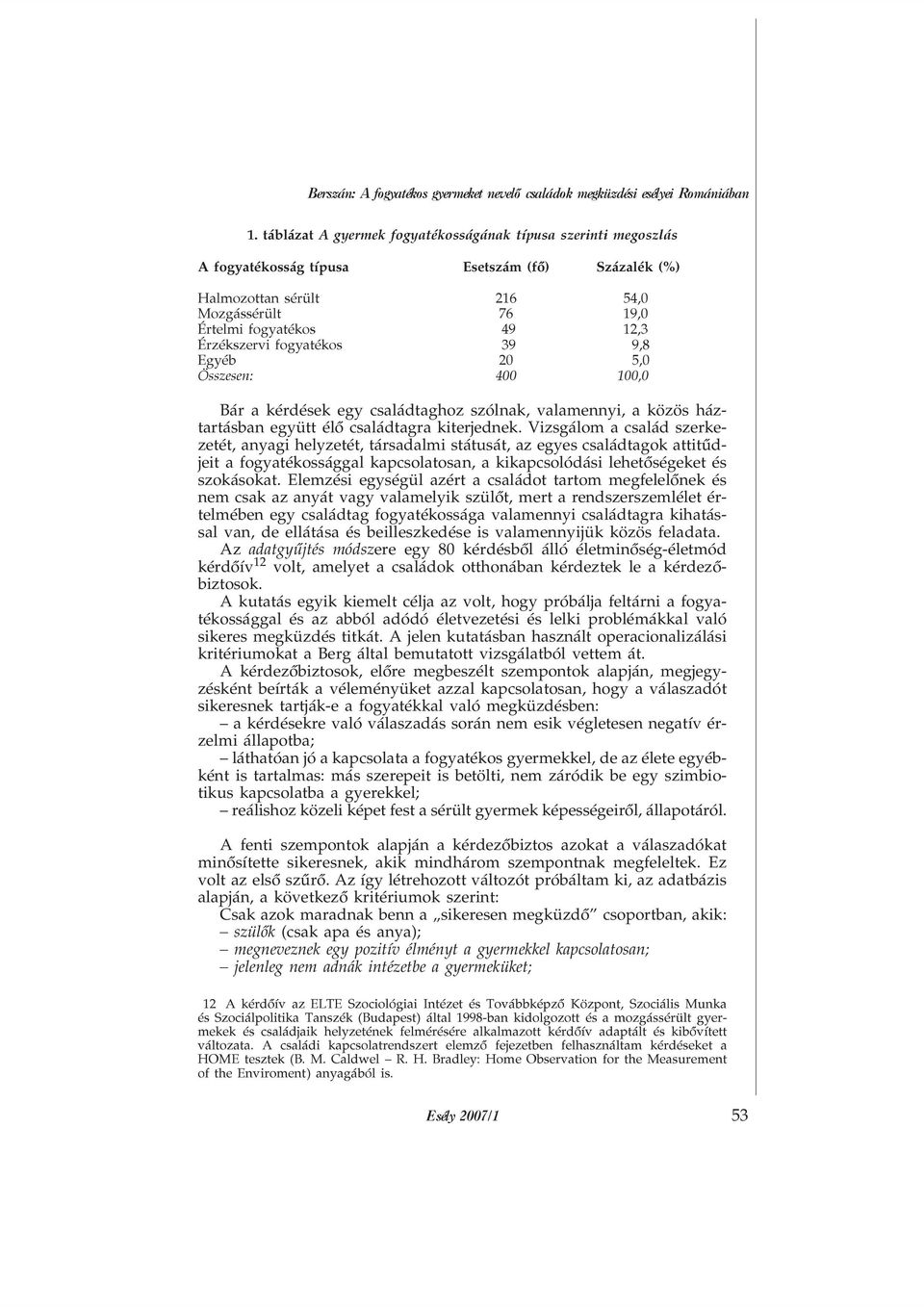 Érzékszervi fogyatékos 39 9,8 Egyéb 20 5,0 Összesen: 400 100,0 Bár a kérdések egy családtaghoz szólnak, valamennyi, a közös háztartásban együtt élõ családtagra kiterjednek.