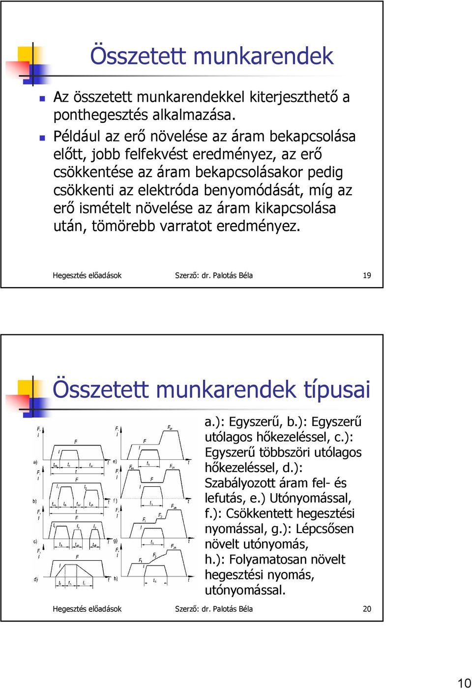 növelése az áram kikapcsolása után, tömörebb varratot eredményez. Hegesztés előadások Szerző: dr. Palotás Béla 19 Összetett munkarendek típusai a.): Egyszerű, b.