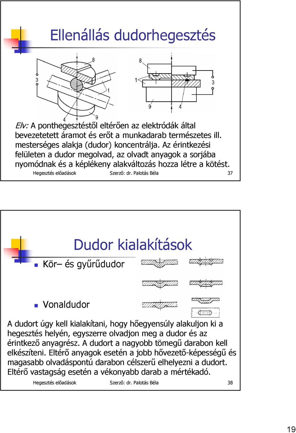 Palotás Béla 37 Dudor kialakítások Kör és gyűrűdudor Vonaldudor A dudort úgy kell kialakítani, hogy hőegyensúly alakuljon ki a hegesztés helyén, egyszerre olvadjon meg a dudor és az érintkező