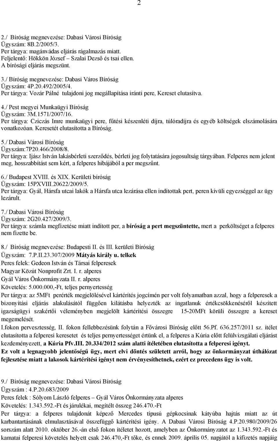 1571/2007/16. Per tárgya: Cziczás Imre munkaügyi pere, fűtési készenléti díjra, túlóradíjra és egyéb költségek elszámolására vonatkozóan. Keresetét elutasította a Bíróság. 5.