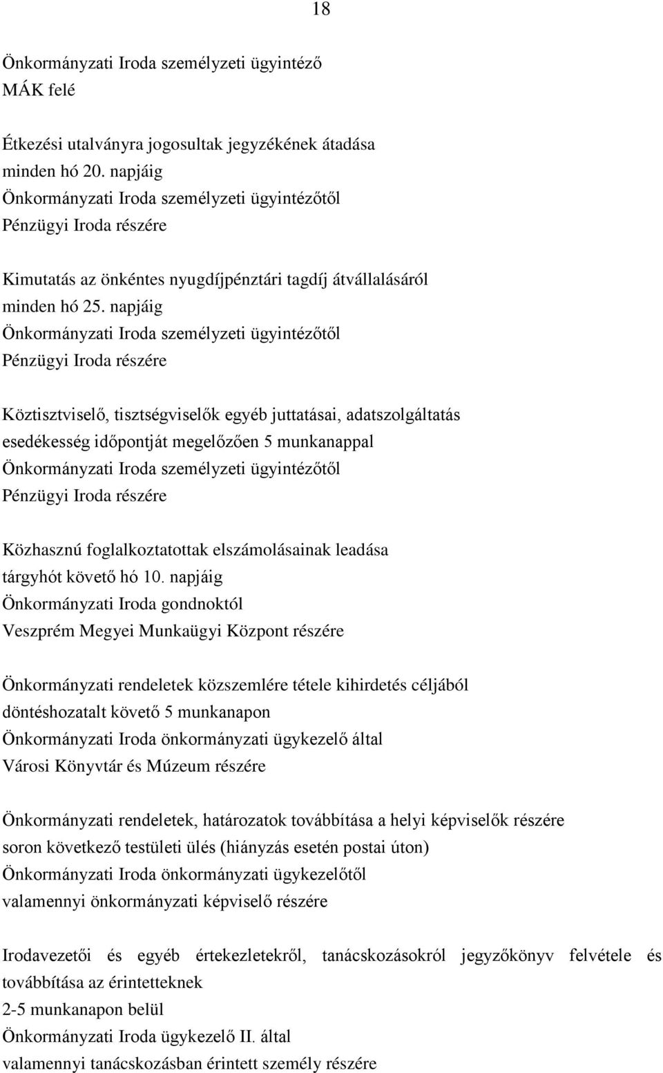 napjáig Önkormányzati Iroda személyzeti ügyintézőtől Pénzügyi Iroda részére Köztisztviselő, tisztségviselők egyéb juttatásai, adatszolgáltatás esedékesség időpontját megelőzően 5 munkanappal