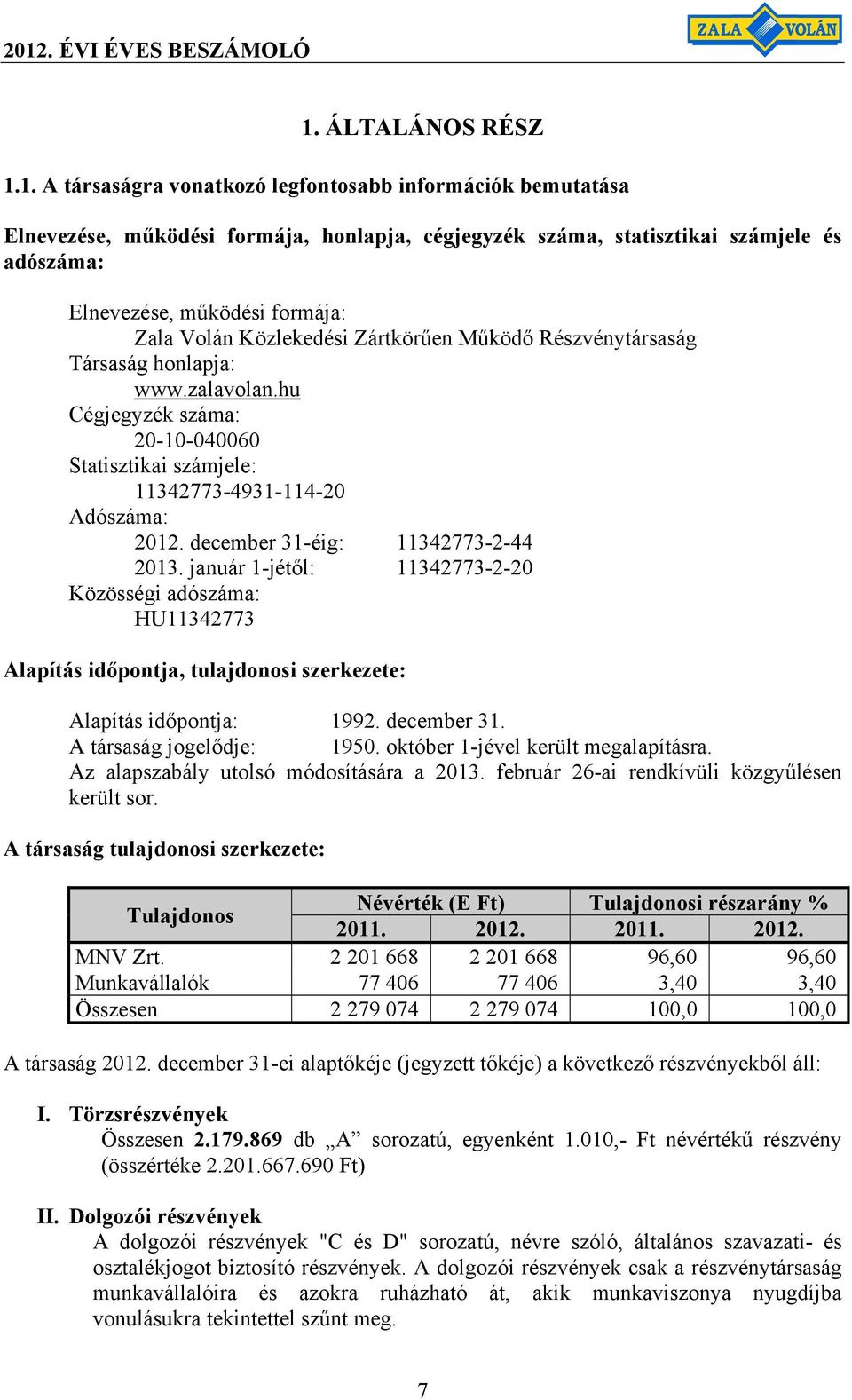 december 31-éig: 11342773-2-44 2013. január 1-jétől: 11342773-2-20 Közösségi adószáma: HU11342773 Alapítás időpontja, tulajdonosi szerkezete: Alapítás időpontja: 1992. december 31.