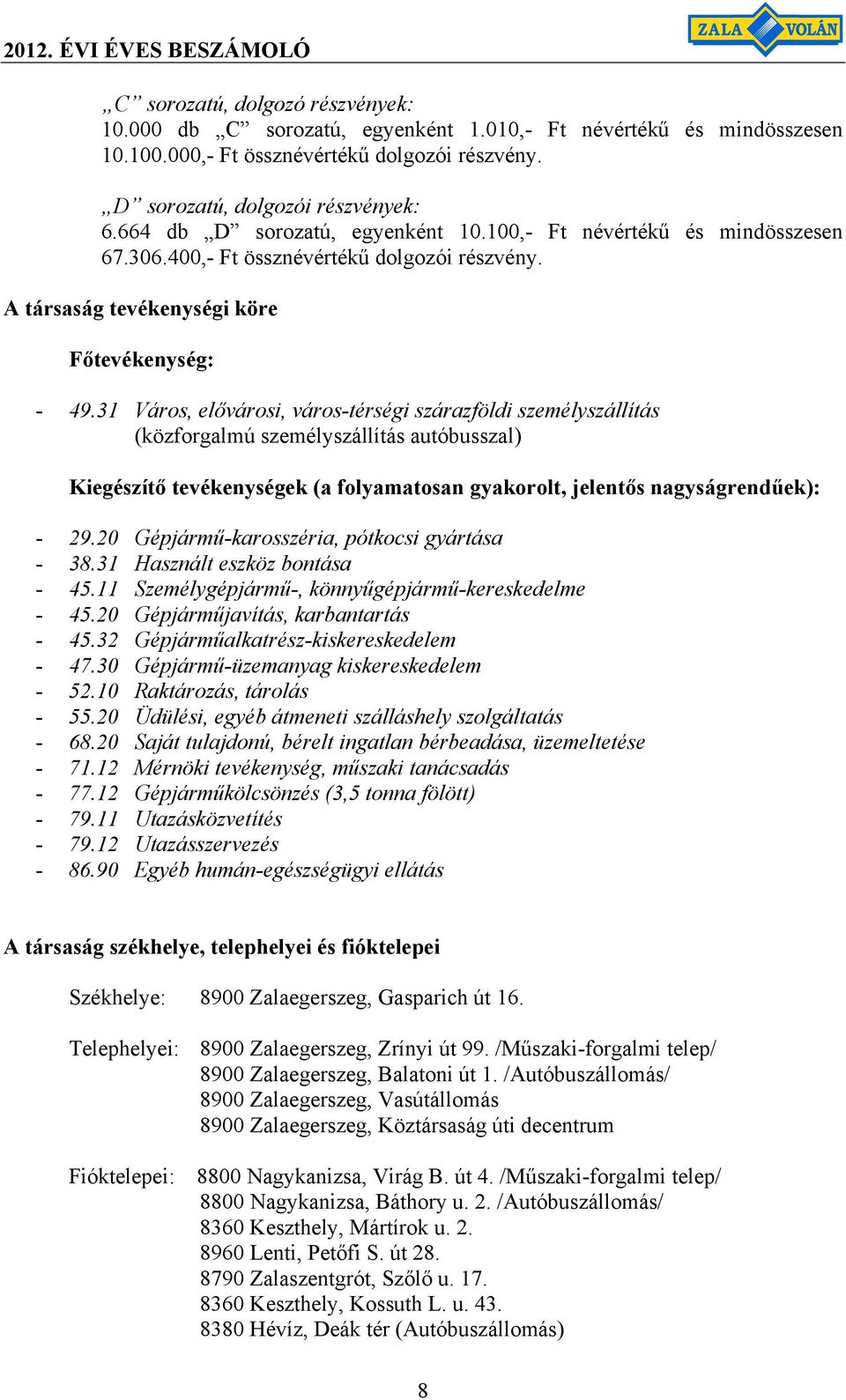 31 Város, elővárosi, város-térségi szárazföldi személyszállítás (közforgalmú személyszállítás autóbusszal) Kiegészítő tevékenységek (a folyamatosan gyakorolt, jelentős nagyságrendűek): - 29.