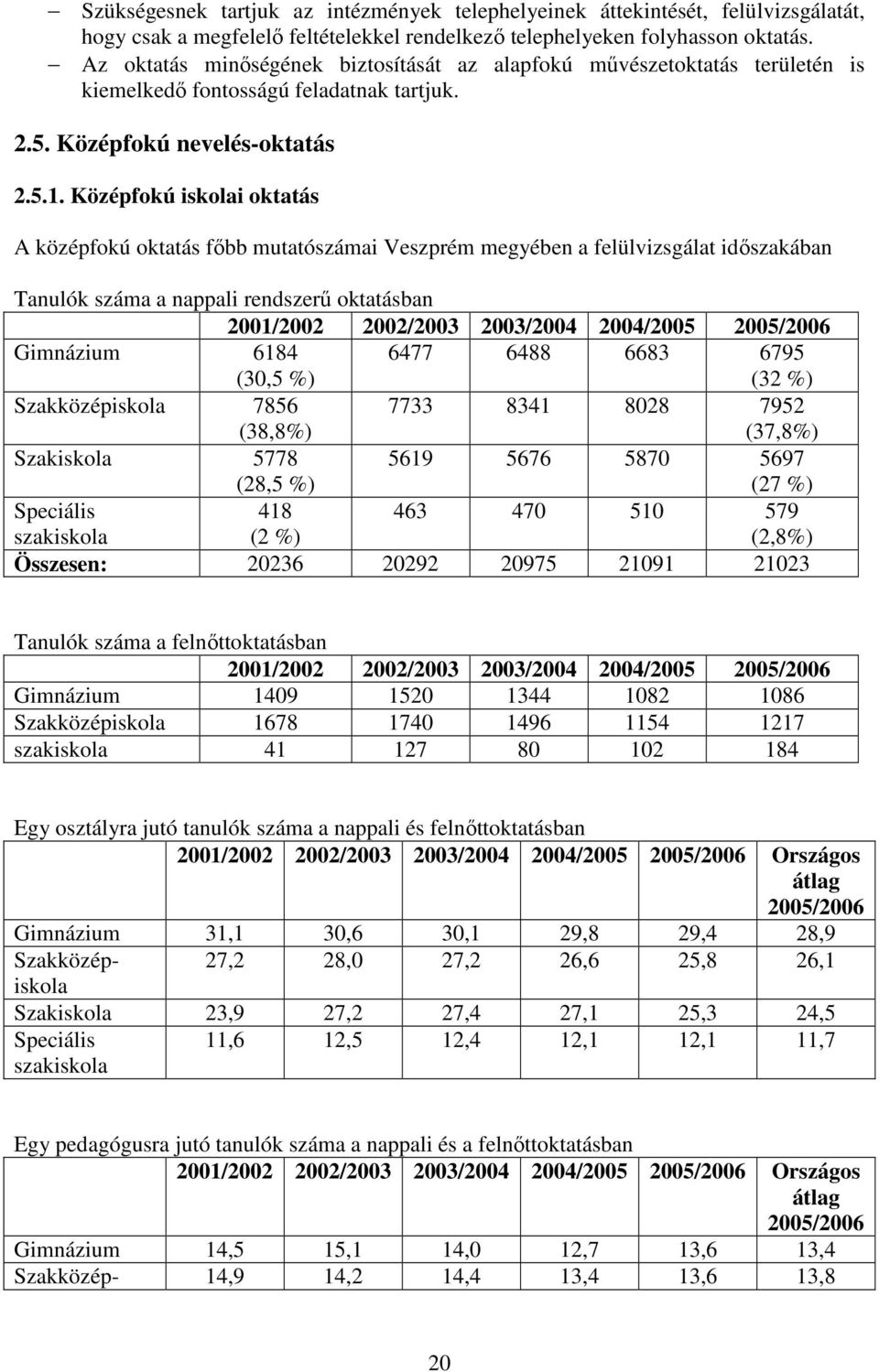 Középfokú iskolai oktatás A középfokú oktatás főbb mutatószámai Veszprém megyében a felülvizsgálat időszakában Tanulók száma a nappali rendszerű oktatásban 2001/2002 2002/2003 2003/2004 2004/2005