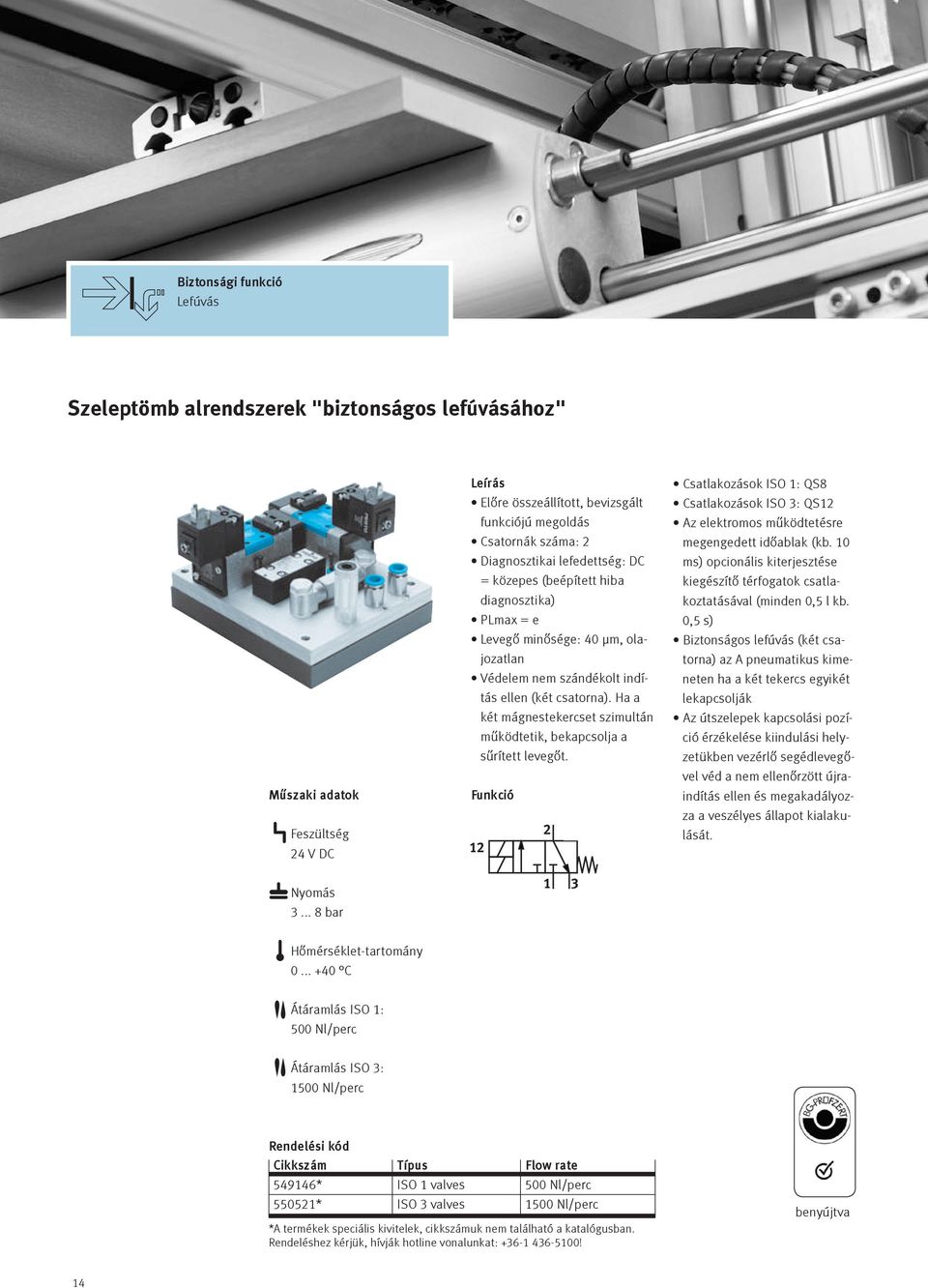 diagnosztika) Pmax = e evegő minősége: 40 µm, olajozatlan Védelem nem szándékolt indítás ellen (két csatorna). Ha a két mágnestekercset szimultán működtetik, bekapcsolja a sűrített levegőt.